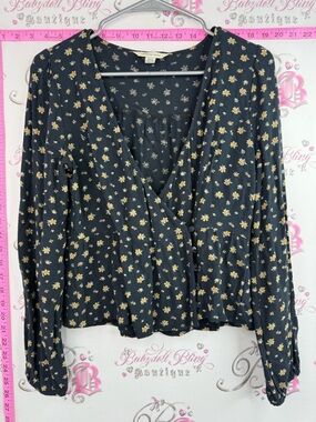 American Eagle Outfitters Blouse Top Navy Wrap with Yellow Floral Print preppy